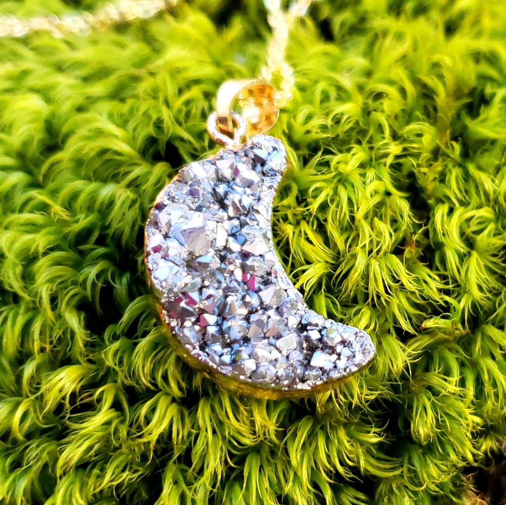 Celestial Crescent Moon Silver Druzy Necklace - image 1